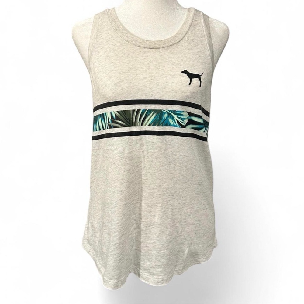 PINK Victoria's Secret Heather Gray Tank with Dog Logo Tropical Stripe